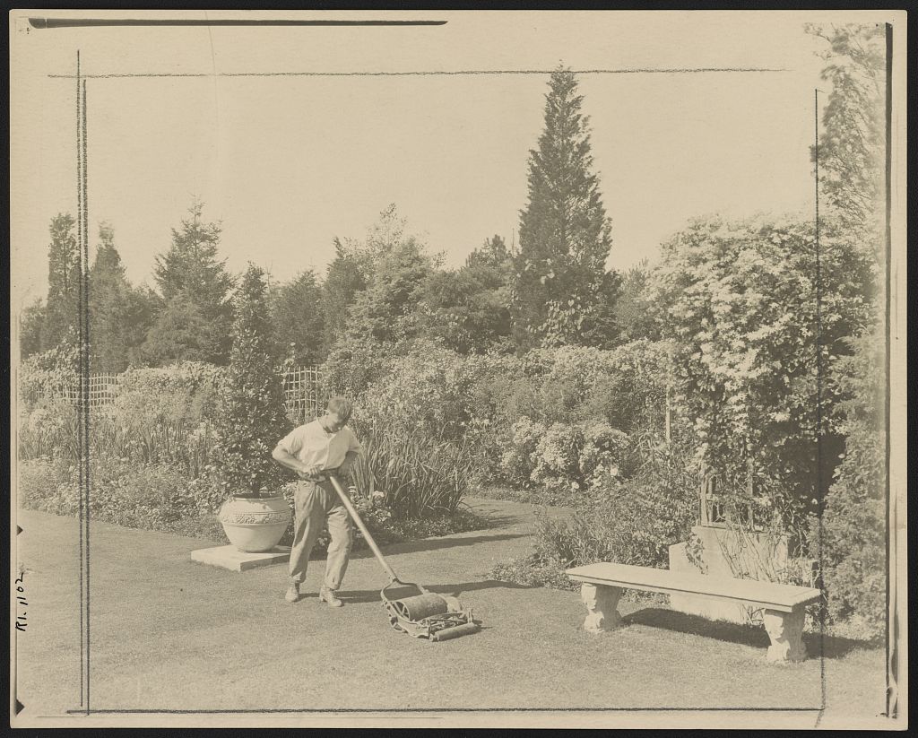 A gardener pushing a push-reel lawn mower across a lawn, posed in 1917 to illustrate Rudyard Kipling's poem "The Glory of the Garden"