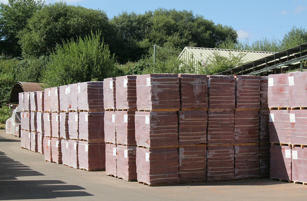 Palleted bricks stacked in the yard at Michelmersh&rsquo;s Charnwood works in Shepshed