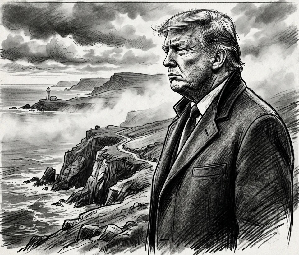 Illustration of President Trump on a windswept Falklands clifftop, a lighthouse on the headland behind him